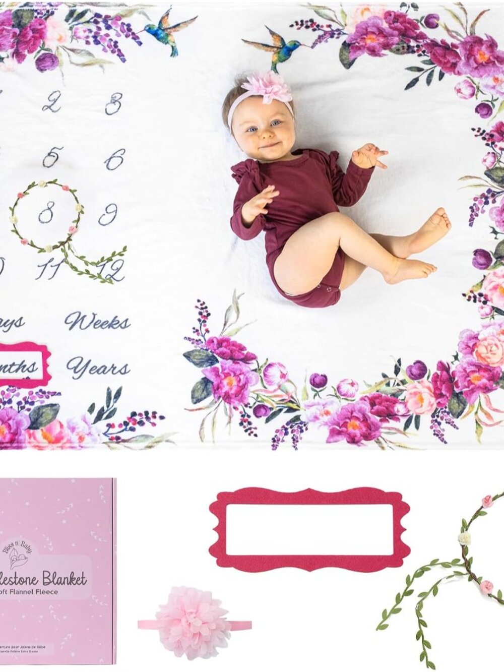 Monthly Milestone Blanket for Baby Girl - 60"x40" - Wrinkle Free Baby Age Month